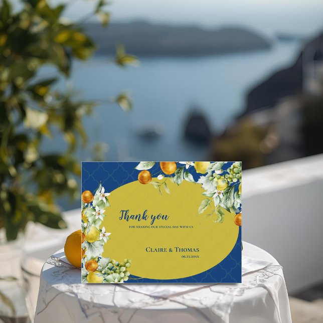 Postal Elegant Blue Gold Citrus Floral Wedding Thank You (Elegant Blue Gold Citrus Floral Wedding Thank You Postcard)