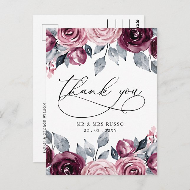 Postal Elegant Botanical Blush Burgundy Floral Thank You (Anverso / Reverso)