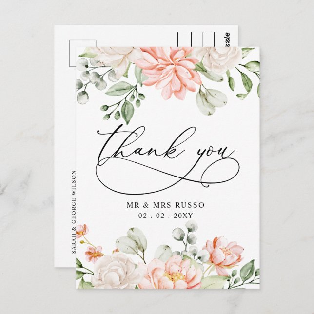 Postal Elegant Botanical Blush Pink Floral Thank You (Anverso / Reverso)