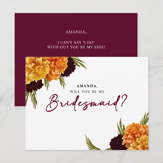 Postal Elegant Burgundy Red Watercolor MARIGOL Bridesmaid (Anverso / Reverso)