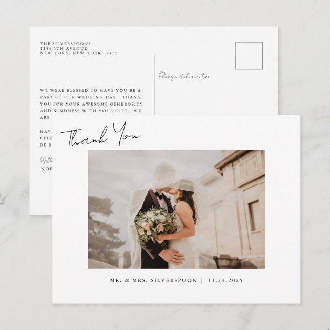 Postal Elegant Calligraphy Script Wedding Photo Thank You (Anverso / Reverso)