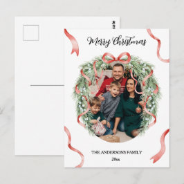 Postal Elegant Christmas Wreath Bow Custom Family Photo