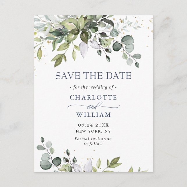 Postal Elegant Eucalyptus Greenery Wedding Save the Date (Anverso)