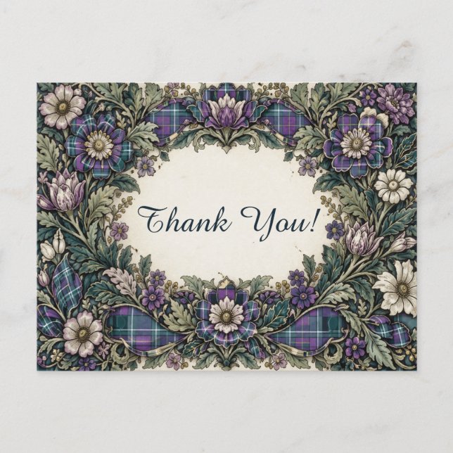 Postal Elegant Floral Plaid Thank You (Anverso)