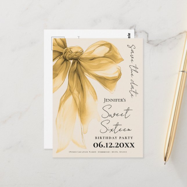 Postal Elegant Gold Bow Coquette Sweet 16 Save the Date  (Anverso/Reverso In Situ)