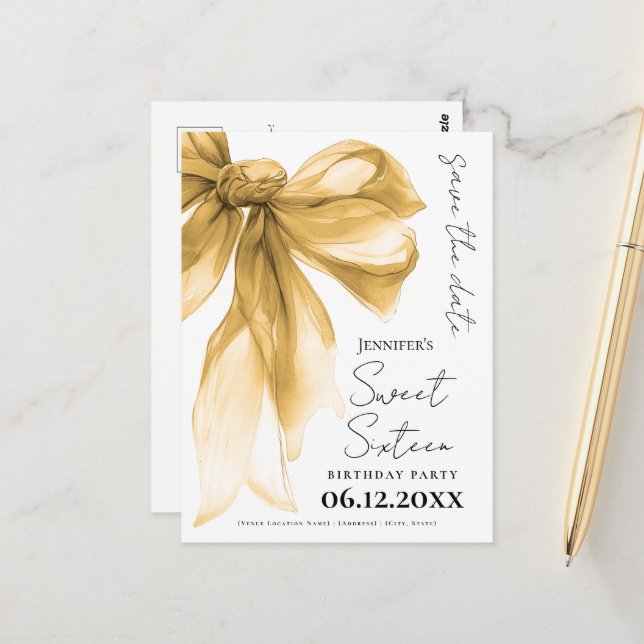 Postal Elegant Gold Bow Coquette Sweet 16 Save the Date  (Anverso/Reverso In Situ)