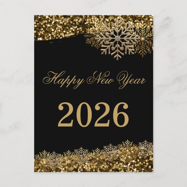 Postal Elegant Gold Confetti Snowflakes New Year 2026 (Anverso)