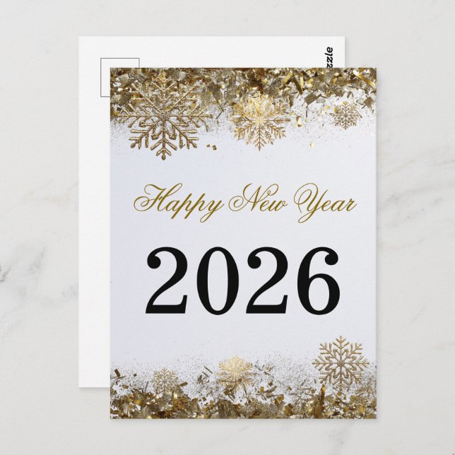 Postal Elegant Gold Glitter Snowflake New Year Party (Anverso / Reverso)
