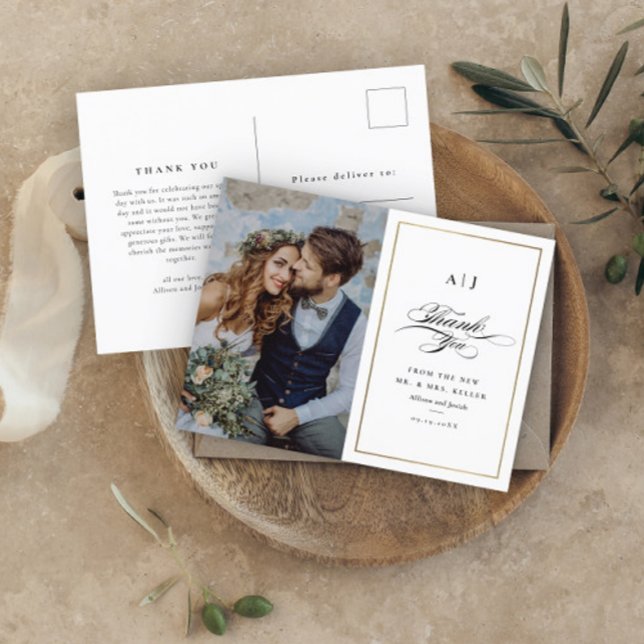Postal Elegant Gold Photo Wedding Thank You Postcard (Subido por el creador)