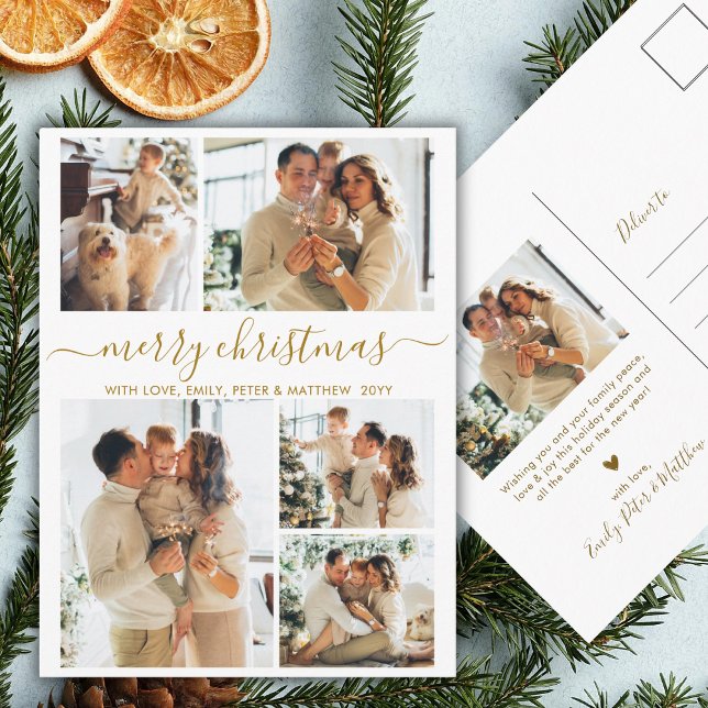 Postal Elegant Gold Script 6 Photo Collage Christmas (Subido por el creador)