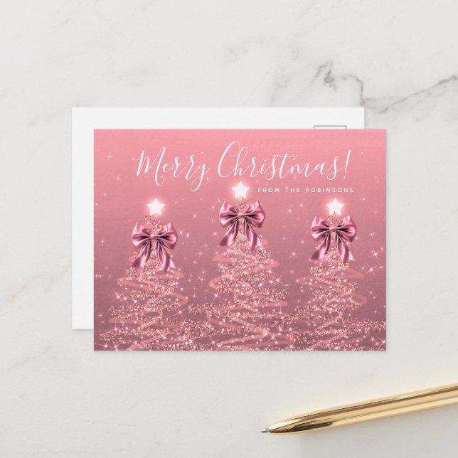 Postal Elegant Holiday Blush Pink Christmas Trees Bows (Anverso/Reverso In Situ)