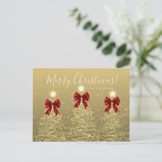 Postal Elegant Holiday Gold Christmas Trees w/ Red Bows (Anverso de pie)