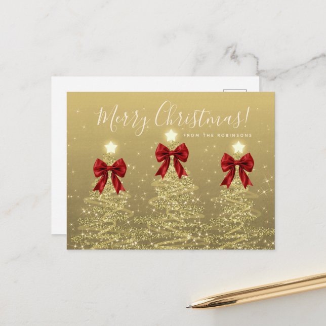 Postal Elegant Holiday Gold Christmas Trees w/ Red Bows (Anverso/Reverso In Situ)