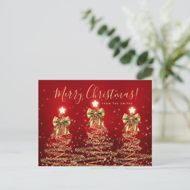 Postal Elegant Holiday Gold Red Christmas Trees w/ Bows (Anverso de pie)
