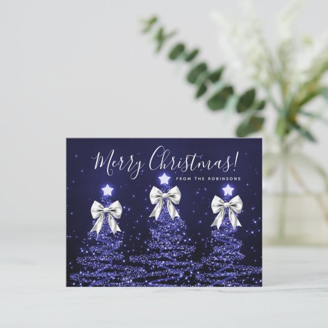 Postal Elegant Holiday Navy Christmas Trees Silver Bows (Anverso de pie)