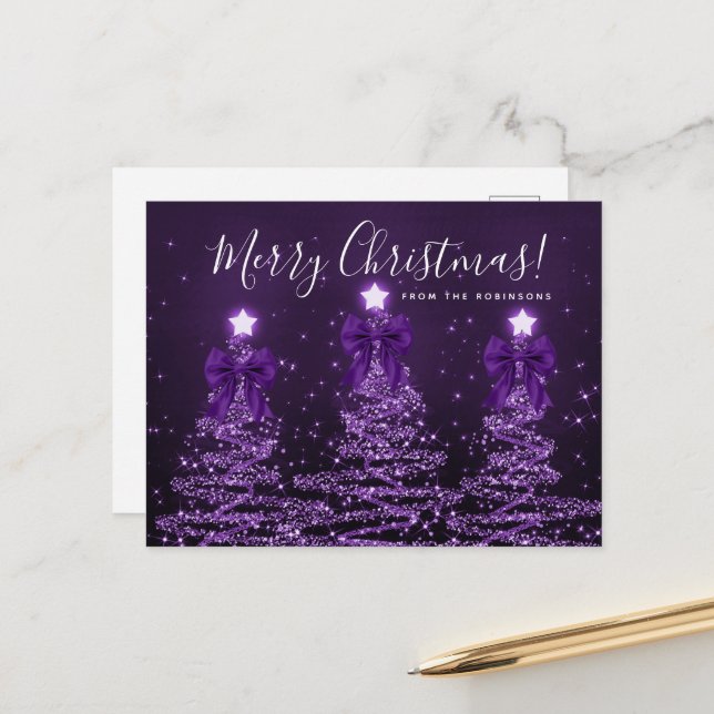 Postal Elegant Holiday Purple Christmas Trees Bows (Anverso/Reverso In Situ)