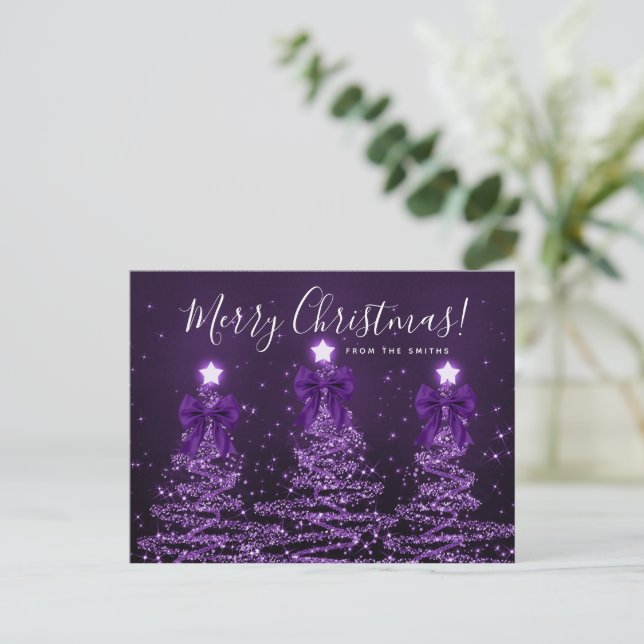 Postal Elegant Holiday Purple Christmas Trees Bows (Anverso de pie)