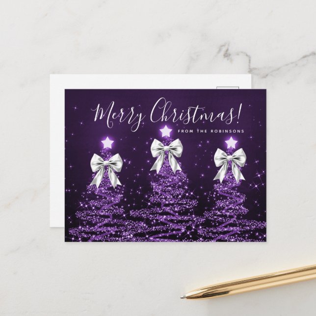 Postal Elegant Holiday Purple Christmas Trees Silver Bows (Anverso/Reverso In Situ)