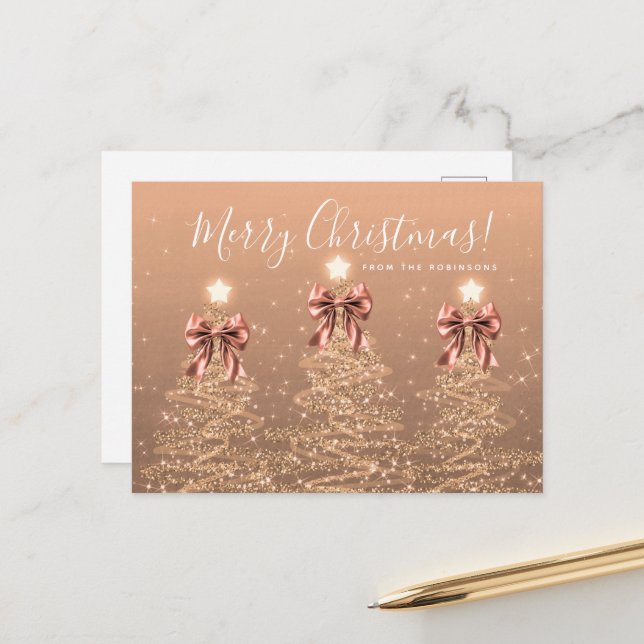 Postal Elegant Holiday Rose Gold Christmas Trees Bows (Anverso/Reverso In Situ)