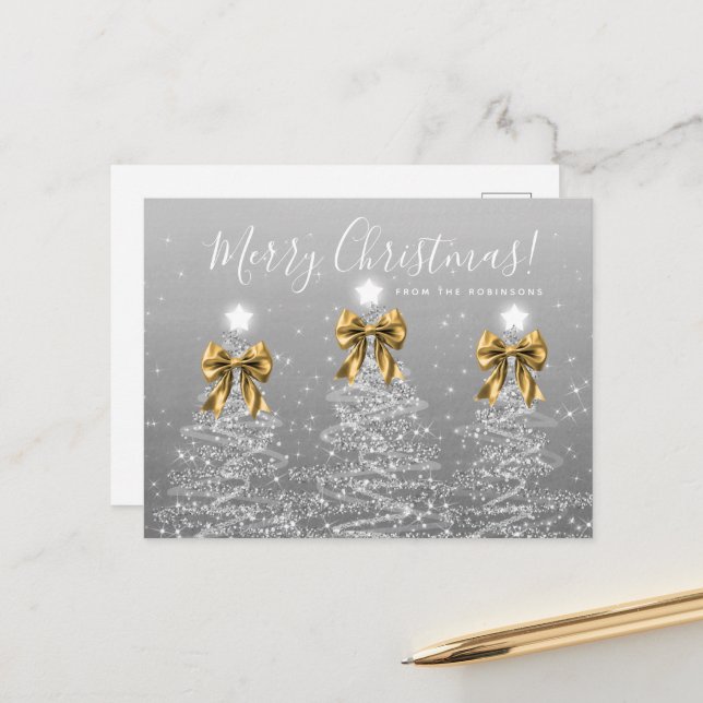 Postal Elegant Holiday Silver Christmas Trees Gold Bows (Anverso/Reverso In Situ)