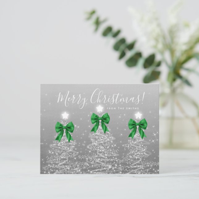 Postal Elegant Holiday Silver Christmas Trees Green Bows (Anverso de pie)