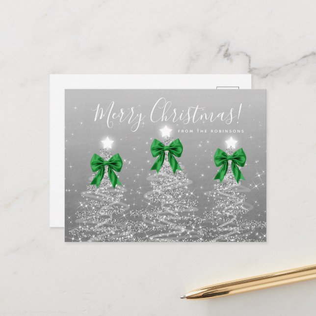 Postal Elegant Holiday Silver Christmas Trees Green Bows (Anverso/Reverso In Situ)