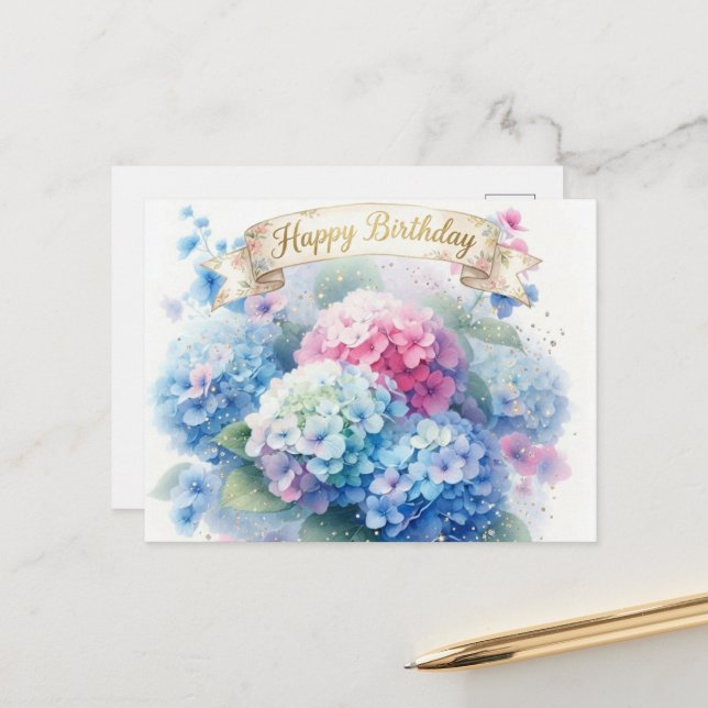 Postal Elegant Hydrangea Blooms Happy Birthday Postcard (Anverso/Reverso In Situ)