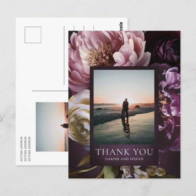 Postal Elegant Maximalist Purple Floral Wedding Thank You (Anverso / Reverso)