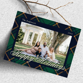 Postal Elegant Navy Green Plaid Happy Holidays