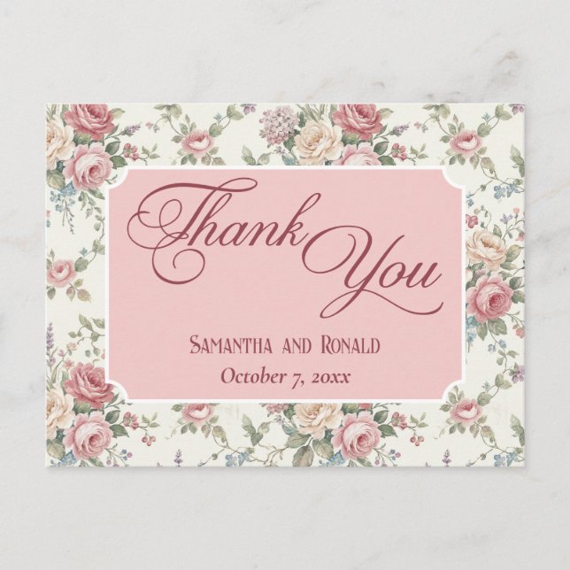 Postal Elegant Pastel Roses Shabby Chic Wedding Thank You (Anverso)