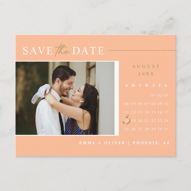 Postal Elegant Peach Gold Save the Date Calendar QR Code (Anverso)