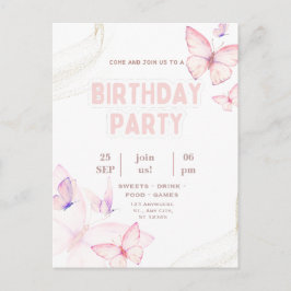 Postal Elegant Pink Butterfly Birthday Party Invitation 