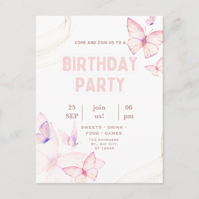 Postal Elegant Pink Butterfly Birthday Party Invitation  (Anverso)