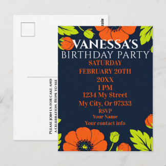 Postal Elegant Poppies Black Birthday Invitation