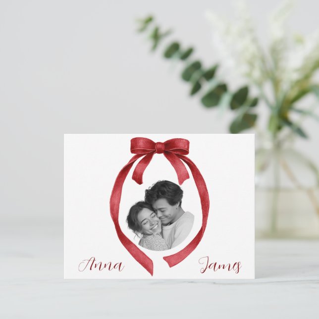 Postal Elegant Red Bow Valentine's Day Card Custom Photo (Anverso de pie)