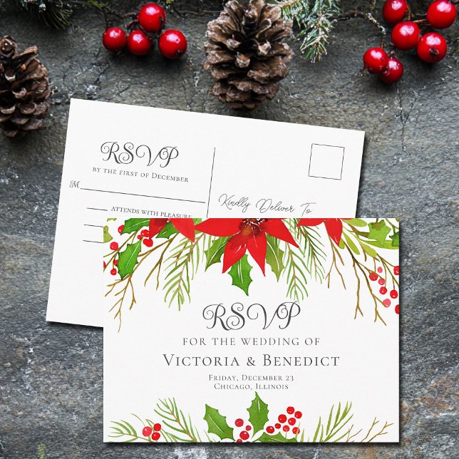 Postal Elegant Red Floral Christmas Wedding RSVP (Subido por el creador)