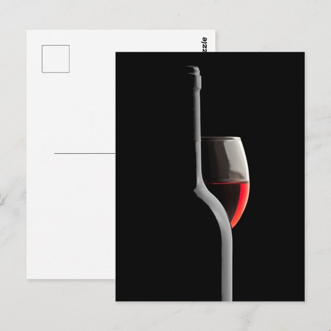 Postal Elegant Red Wine Glass & Bottle. Black Background (Anverso / Reverso)