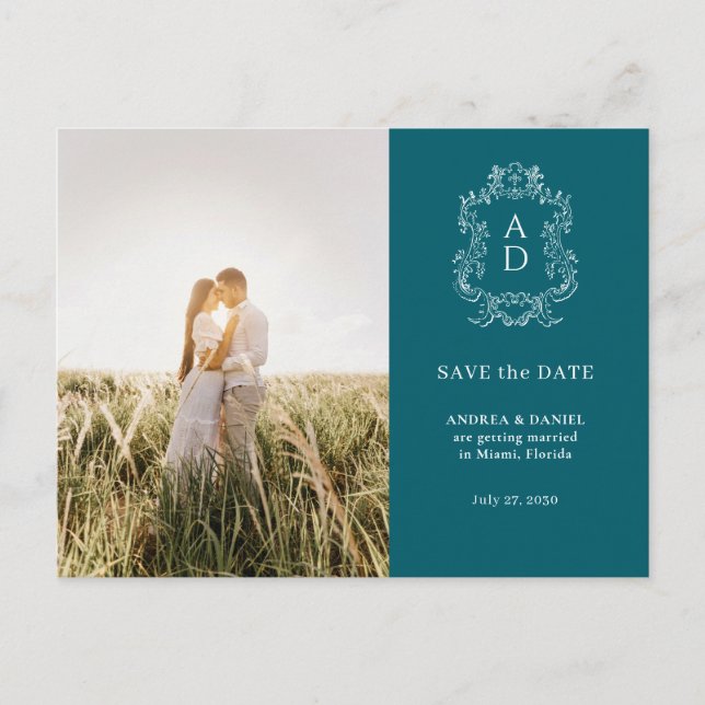 Postal Elegant Tale Blue Photo Wedding Save the Date (Anverso)