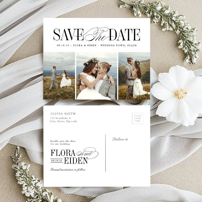 Postal Elegant Timeless Typography 3 photo Save The Date (Elegant Timeless Typography 3 photo Save The Date Postcard)