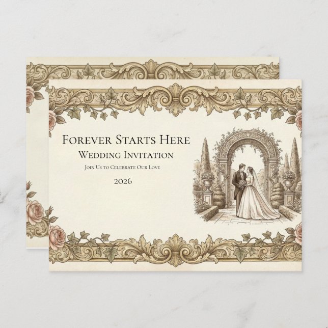 Postal Elegant Vintage Floral Wedding Invitation Postcard (Anverso / Reverso)