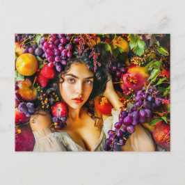 Postal Elegant woman with pomegranate grapes and floral c
