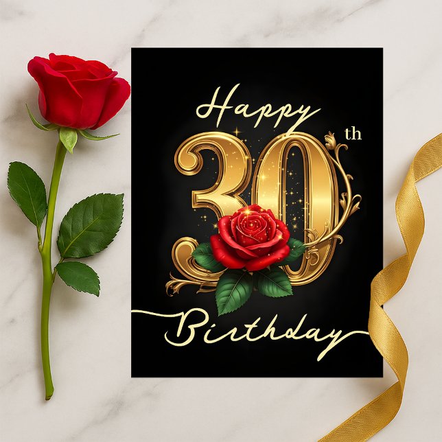 Postal Elegante 30 aniversario de oro guión rojo floral (Subido por el creador)