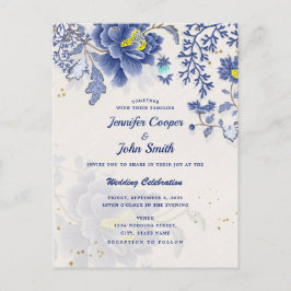 Postal Elegante acuarela Azul Floral Boda Botánico