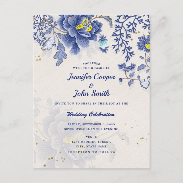 Postal Elegante acuarela Azul Floral Boda Botánico (Anverso)