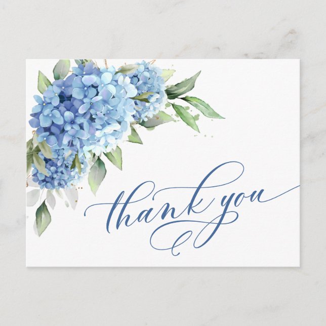Postal Elegante acuarela Azul Hidrangea Flor Gracias (Anverso)