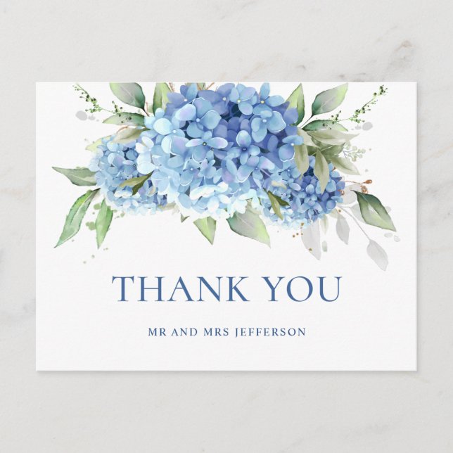 Postal Elegante acuarela azul Hydrangea Boho Gracias (Anverso)