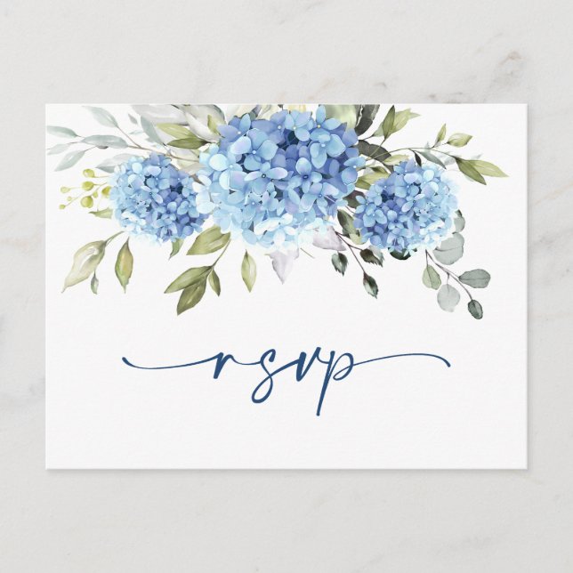 Postal Elegante acuarela azul Hydrangea Wedding RSVP (Anverso)