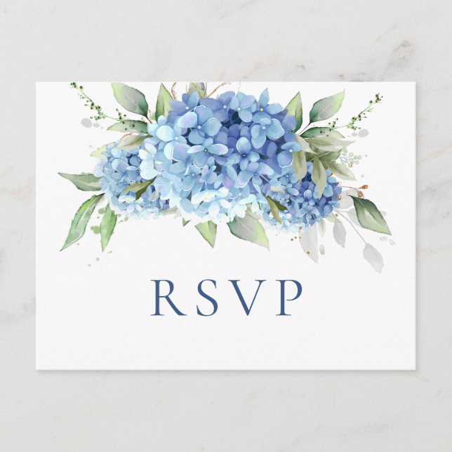 Postal Elegante acuarela azul Hydrangea Wedding RSVP (Anverso)