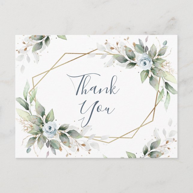 Postal Elegante acuarela Dusty Blue Foliage Gracias (Anverso)