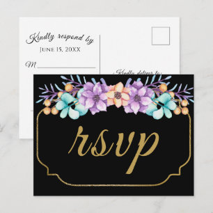 Postal Elegante acuarela Floral Boda negra RSVP